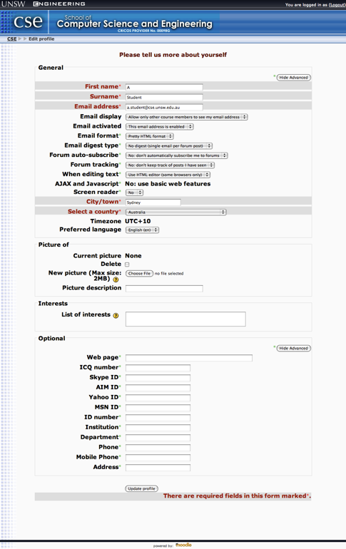 Advanced profile screen shot showing the other fields that can be edited. In particular the way that you receive email from this site - plain text, html, as each message is sent or as a digest. 